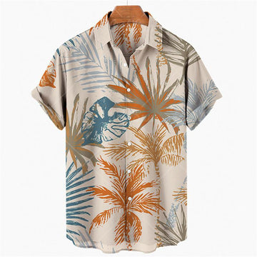 Men’s Beige Tropical Palm Print Relaxed Fit Shirt