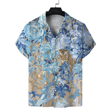 Men’s Sky Blue Tiger Garden Print Relaxed Fit Shirt