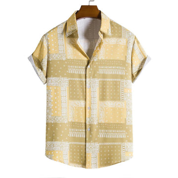 Men’s Mustard Yellow Bandana Patchwork Print Relaxed Fit Shirt