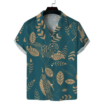 Men’s Teal Blue Bird & Leaf Print Relaxed Fit Shirt