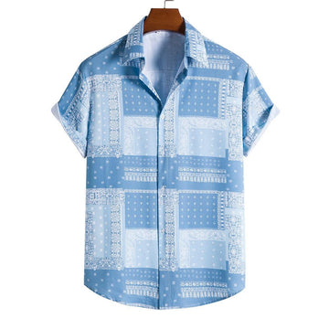 Men’s Sky Blue Bandana Patchwork Print Relaxed Fit Shirt
