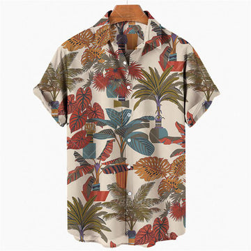 Men’s Beige Tropical Garden Print Relaxed Fit Shirt