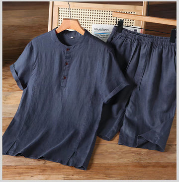 Men’s Graphite Navy Blue linen Textured Polo Co-Ord Set